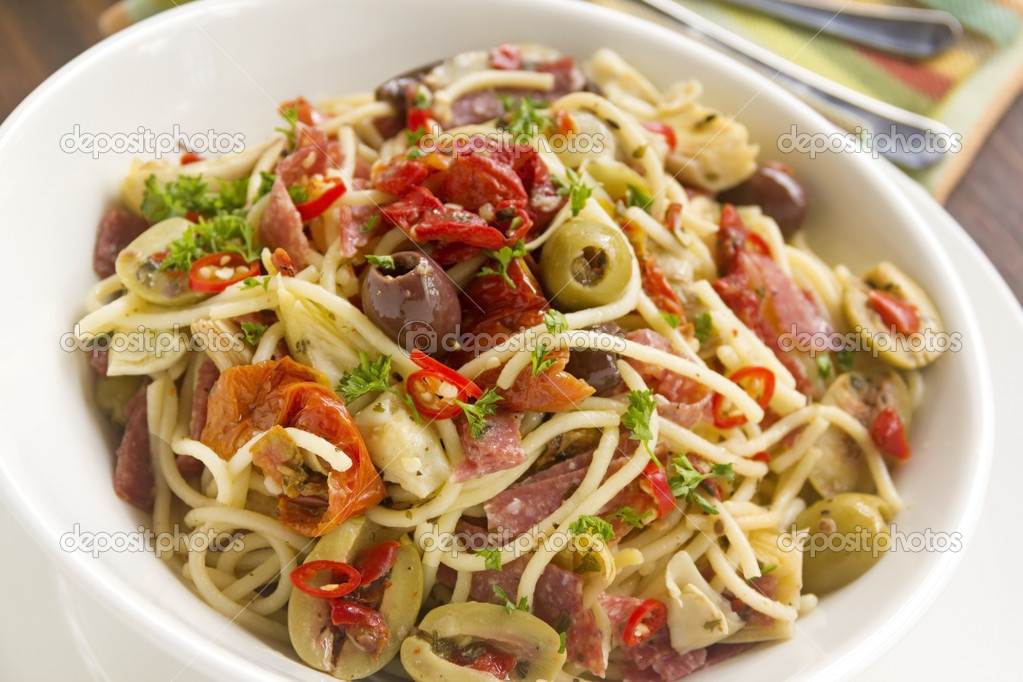 Mediterranean Salami Spaghetti — Stock Photo © jabiru 32111633
