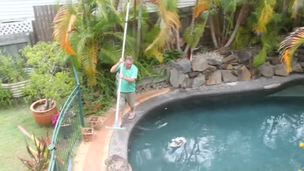 Hombre camina limpieza piscina — Vídeos de Stock