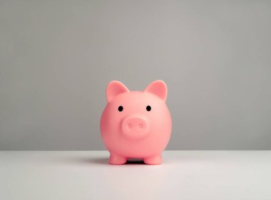 Beyaz masa ve gri arka planda izole edilmiş pembe domuzcuk manzarası. Tasarruf ve iş yatırım kavramı.