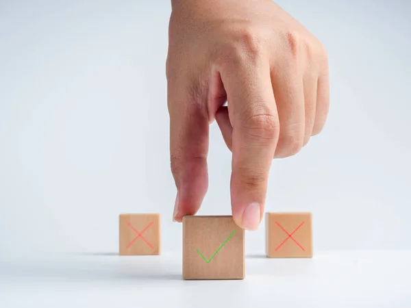 Businessman Hand Chooses One Wooden Cube Block Green Right Checkmark — Stock Photo, Image