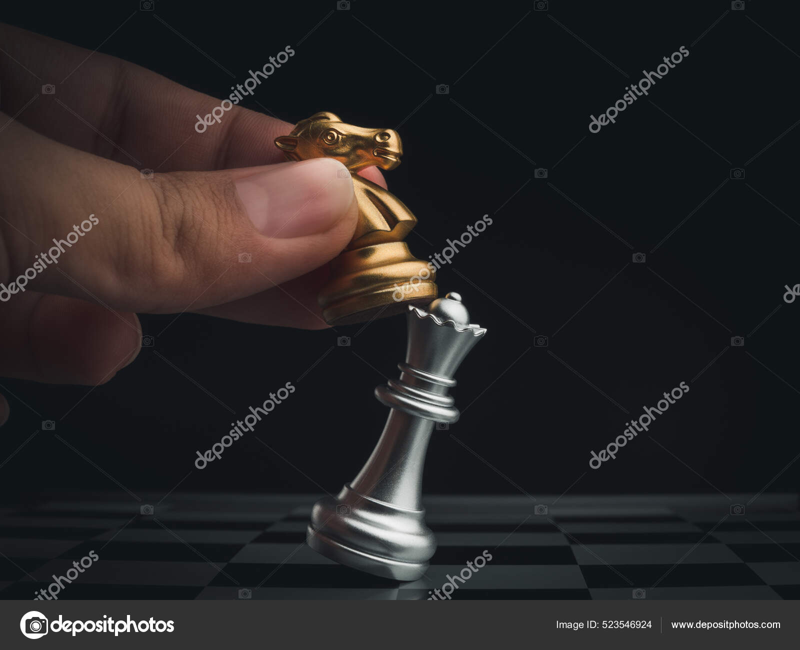 The gold horse, knight chess piece standing with falling silver pawn chess  pieces on chessboard on white background with copy space. Leadership,  winner, competition, and business strategy concept. Photos