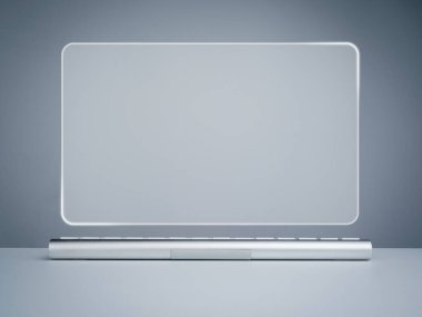 Boş sanal ekran masaüstü monitörü ve beyaz masa ve gri arka planda modern gümüş klavye. Şeffaflık eğimli sanal ekran, gelecekteki teknoloji arkaplan kavramı üzerine boş alan modeli.