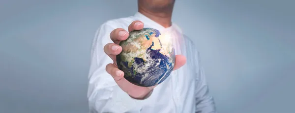 Earth Hand World Holding One Hand Businessman White Shirt Isolated — Stock Photo, Image