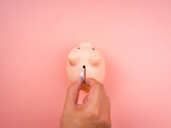 Pink Piggy Bank Pink Pastel Background While Hand Putting Silver — Stock Photo, Image