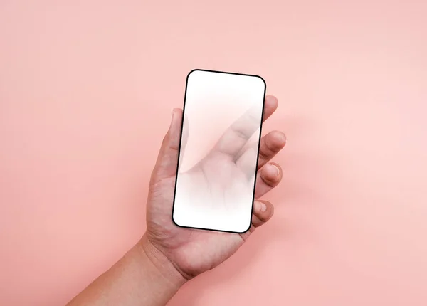 Hand Holding Smartphone White Blank Screen Black Frame Isolated Pastel — Fotografie, imagine de stoc