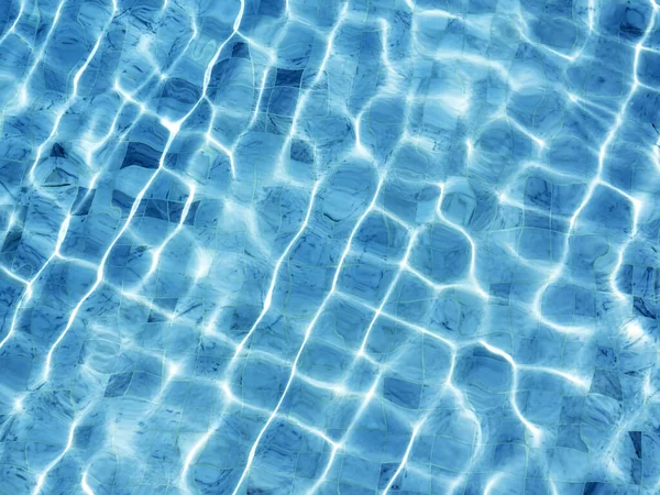 Temiz ve berrak mavi su yüzeyi. Hareket dalgası yüzme havuzunun arka planındaki ışıkla parlıyor. Yaz arkaplanı için boş alan, tatil izni, tatil kavramı.