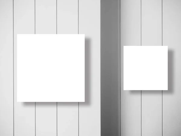 模拟空空白白色正方形边框 有两个尺寸 大小悬挂在两层白色木板上 条纹图案 造型海报 — 图库照片