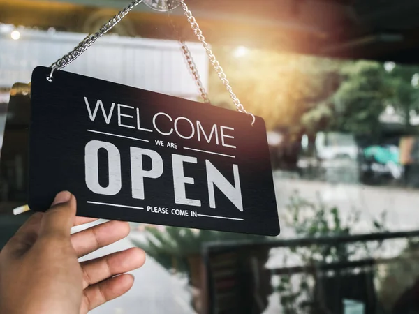 Open Sign Board White Text Black Vintage Wooden Sign Welcome — Stockfoto