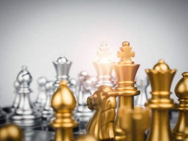 Set of gold and the silver chess pieces, king, rook, bishop, queen, knight, and pawn standing together on the chessboard. Leadership, fighter, competition, confrontation, and living together concept.