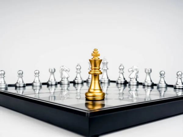 Golden King Chess Piece Standing Chessboard Corner Front Many Silver — Stockfoto