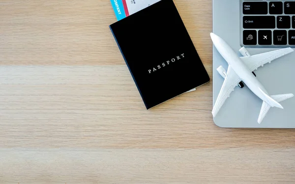 Passport Black Cover Flight Ticket Laptop Computer White Airplane Toy — ストック写真