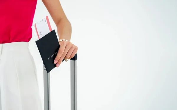 Close Passport Flight Ticket Women Hand Pink Sleeveless White Trousers — Foto de Stock