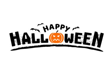 Mutlu Cadılar Bayramı Vektörü. Balkabağı kafası, örümcek ağı ve yarasalar Mutlu Cadılar Bayramı yazılı mesaj pankartıyla uçuyor.