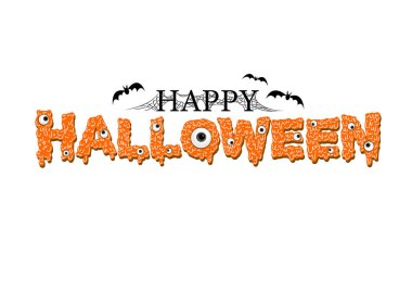 Mutlu Cadılar Bayramı Vektörü. Şirin sıvı canavarın gizemli gözleri, yarasa uçuşu ve Cadılar Bayramı 'nın mutlu mesaj pankartıyla örümcek ağı..