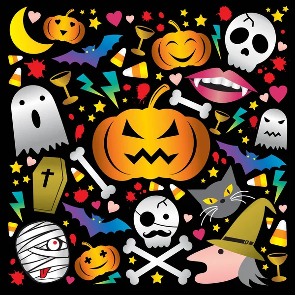 Halloween Colorful Cute Vector Pumpkin Head Ghost Bat Mummy Pirate — Stok Vektör