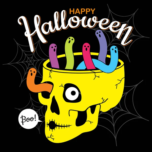 Happy Halloween Vector Colorful Cute Worm Yellow Cool Skull Heads — Stockvektor