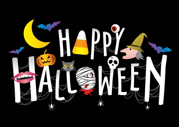 Happy Halloween Cute Vector Pumpkin Head Bat Mummy Skull Witch — Stockvektor