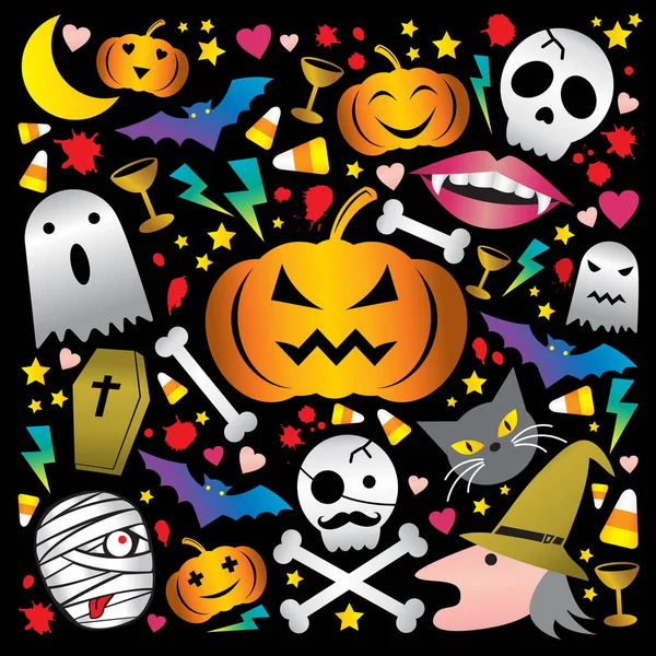 Halloween Colorful Cute Vector Pumpkin Head Ghost Bat Mummy Pirate — Stock Vector