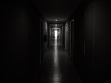 Dark mysterious corridor in building. Door room perspective in lonely quiet building with walkway heading to the light at the end of the way, black and white style. hope, brave and fear concept.