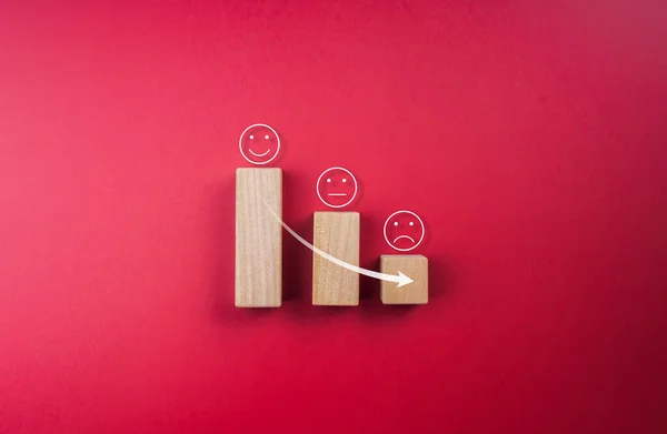 Feedback, client survey, customer experience satisfaction rating with emoticon face. Rising arrow down on sad face appear on wooden cube blocks stacks on the growth chart steps on red background.