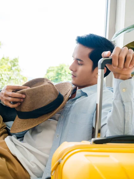 Man Yellow Luggage Handsome Asian Male Denim Shirt Sitting Waiting — Zdjęcie stockowe