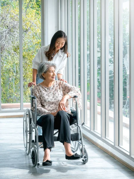 Happy Asian elderly woman, mother or grandparents on wheelchair taking care by caregiver, smiling young female, daughter or grandchild supporting at home on green nature background, senior healthcare.