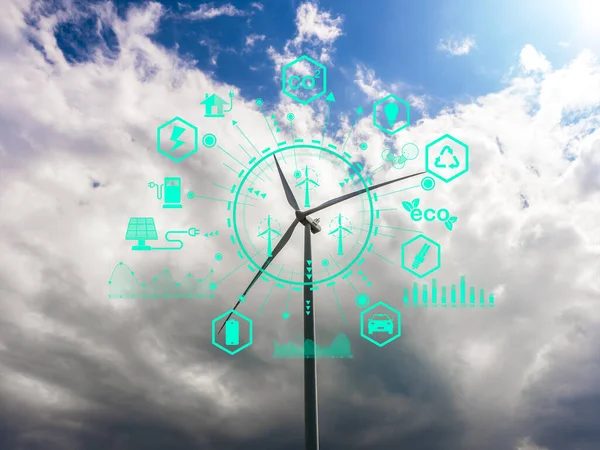Ecological energy and technology and sustainable development and power generation concepts. Oxygen, light bulb, recycle, solar panels, power and batteries icons with wind turbines on sky background.
