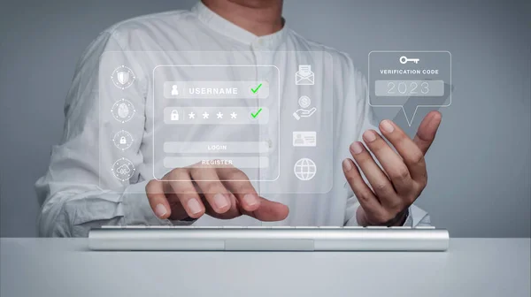 Two steps authentication or 2FA technology concept. 2023 Verification code and key icon on future phone screen with keyboard computer for validate password page with lifestyle cyber security icons.