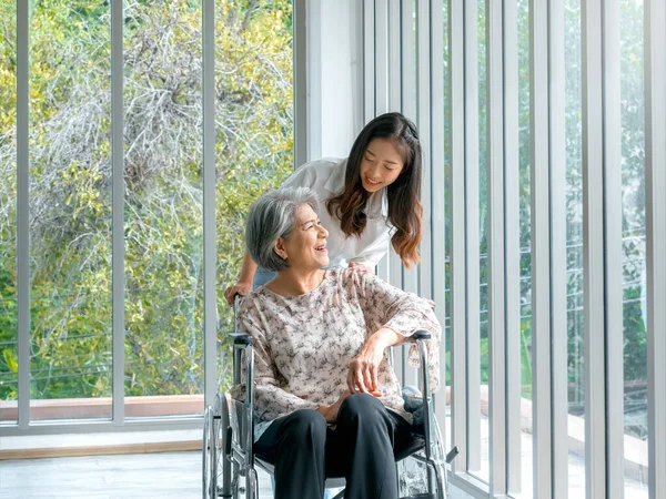 Szczęśliwa Azjatka Podeszłym Wieku Matka Lub Dziadkowie Wózku Inwalidzkim Dbający — Zdjęcie stockowe