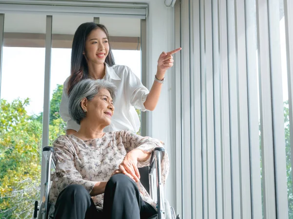 Heureuse Femme Âgée Asiatique Mère Grands Parents Fauteuil Roulant Prenant — Photo