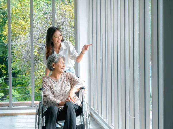 Ευτυχισμένη Ηλικιωμένη Ασιάτισσα Γυναίκα Μητέρα Παππούδες Αναπηρική Καρέκλα Που Φροντίζει — Φωτογραφία Αρχείου