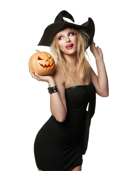 Piękna czarownica w czarny kapelusz — Zdjęcie stockowe