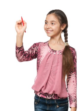 sevimli kız marker uzayda yazıyor.