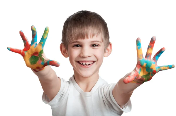 Ragazzo mostra felicemente le mani macchiate di inchiostro — Foto Stock