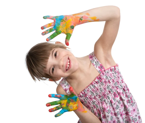 Dziewczynka z jej rąk, malowane — Zdjęcie stockowe