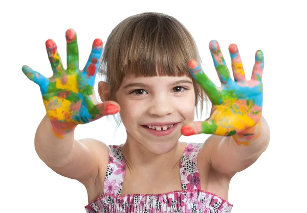 Niña con las manos pintadas — Foto de Stock