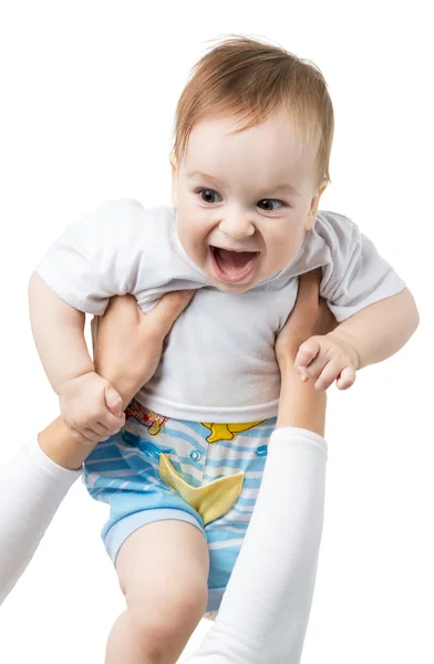 Vrolijke baby gooien up op handen — Stockfoto