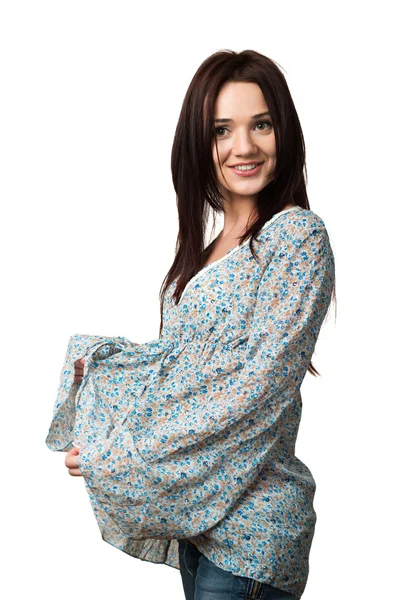 Beautiful cheerful girl as if pregnant — Stock Photo, Image