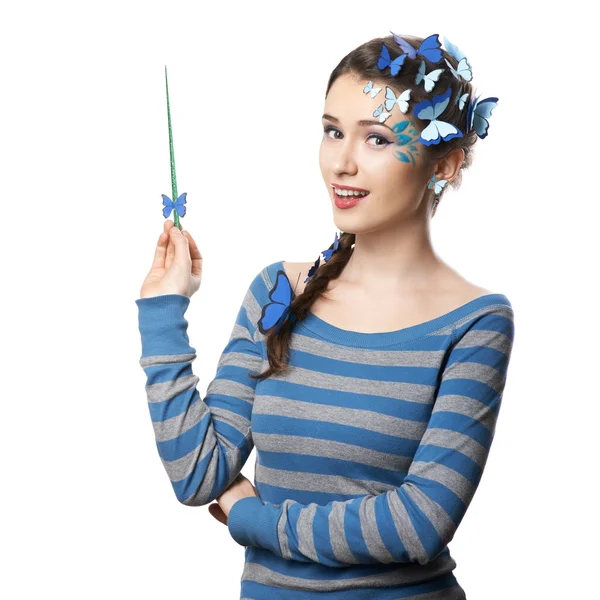 Älva med konst make-up blå fjärilar — Stockfoto