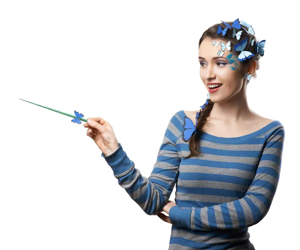 Fairy with art make-up blue butterflies — Stock Photo, Image