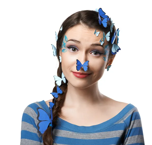 Girl art make-up with butterflies — Stock Photo, Image