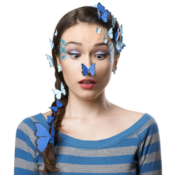 Girl art make-up with butterflies — Stock Photo, Image