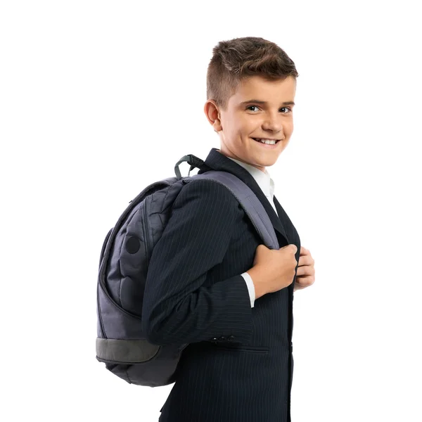 Menino de escola alegre com bolsas escolares — Fotografia de Stock