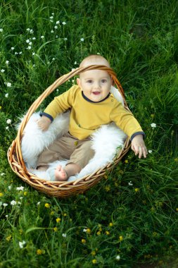 bir sepet içinde oturan küçük gülen çocuk