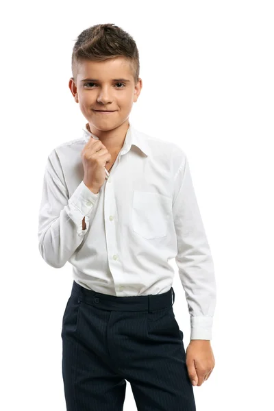 Confident boy straightens collar — Stock Photo, Image