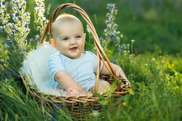 Kleines lächelndes Kind in Schiebereglern, das einen Korb sitzt — Stockfoto