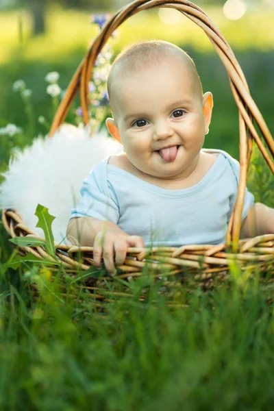 Kleines lächelndes Kind in Schiebereglern, das einen Korb sitzt — Stockfoto