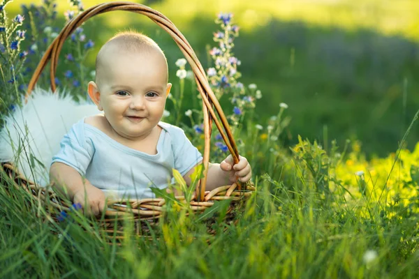 Klein glimlachend kind in schuifregelaars zitten een mand — Stockfoto