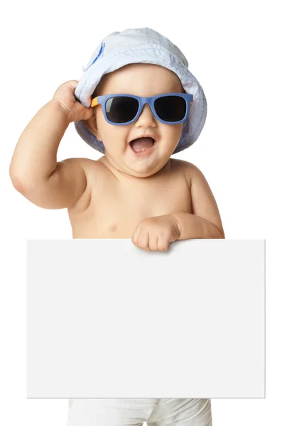 Baby in panama and sunglasses holding a banner — Stock Photo, Image