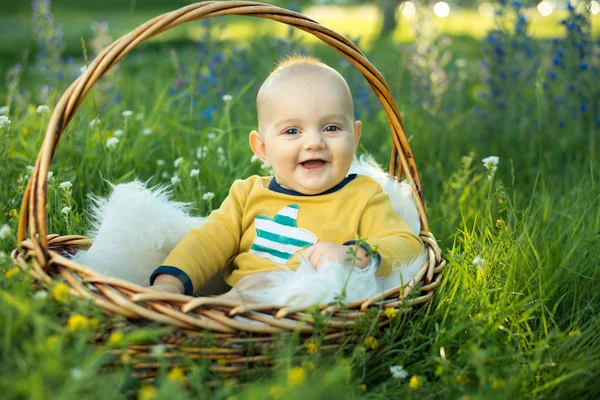 Small smiling childin sitting in a basket — Stock Photo, Image